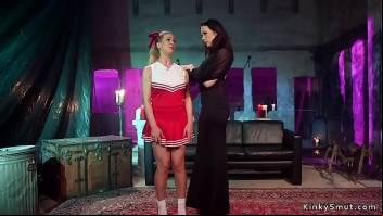 Blonde lesbian cheerleader anal fucked