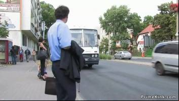 Blonde sucking outdoor and in a bus